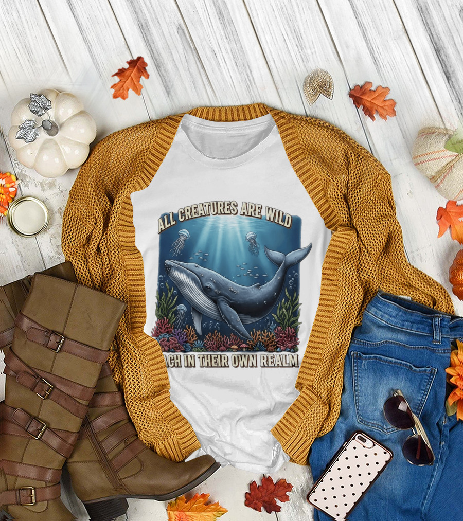 All Creatures Are Wild Humpback Whale Ocean Coral Reef Jellyfish Realm T-Shirt