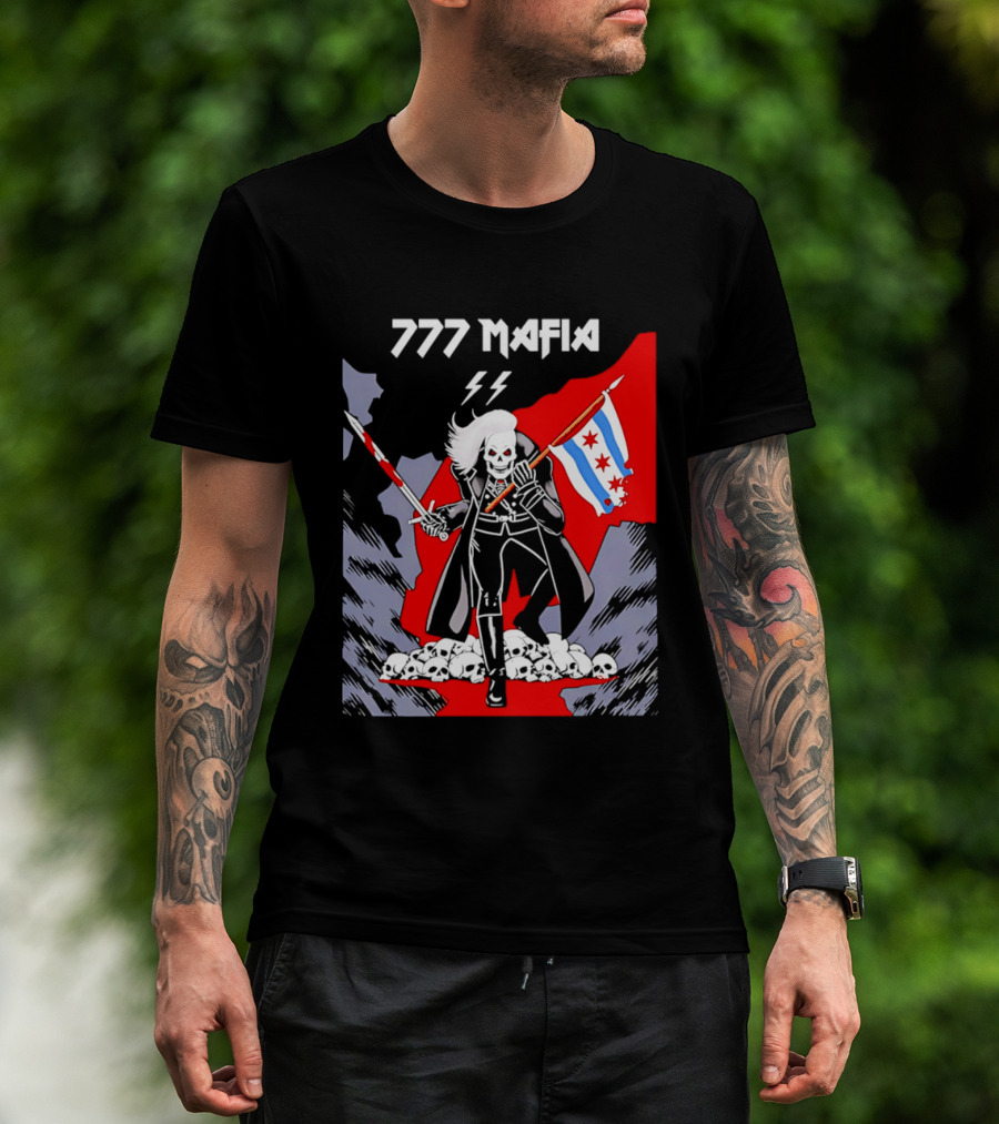 777 Mafia Chicago Flag Skeleton Skull T-Shirt