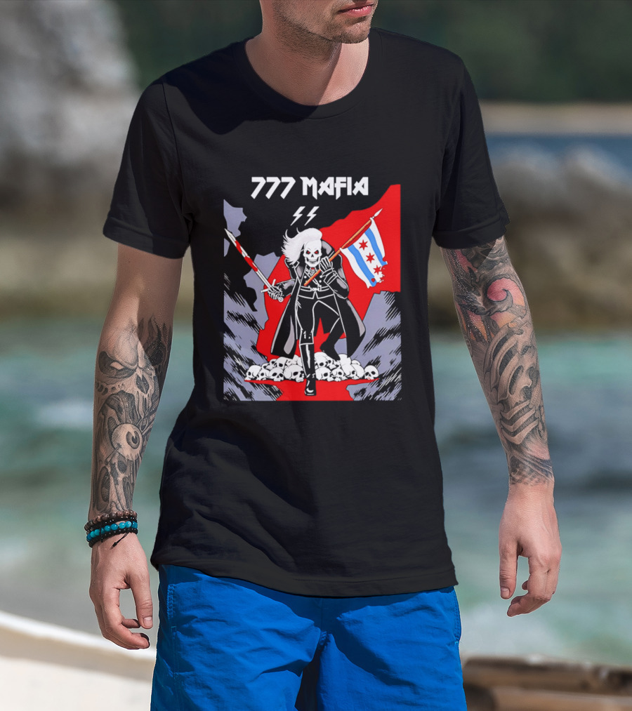 777 Mafia Chicago Flag Skeleton Skull T-Shirt