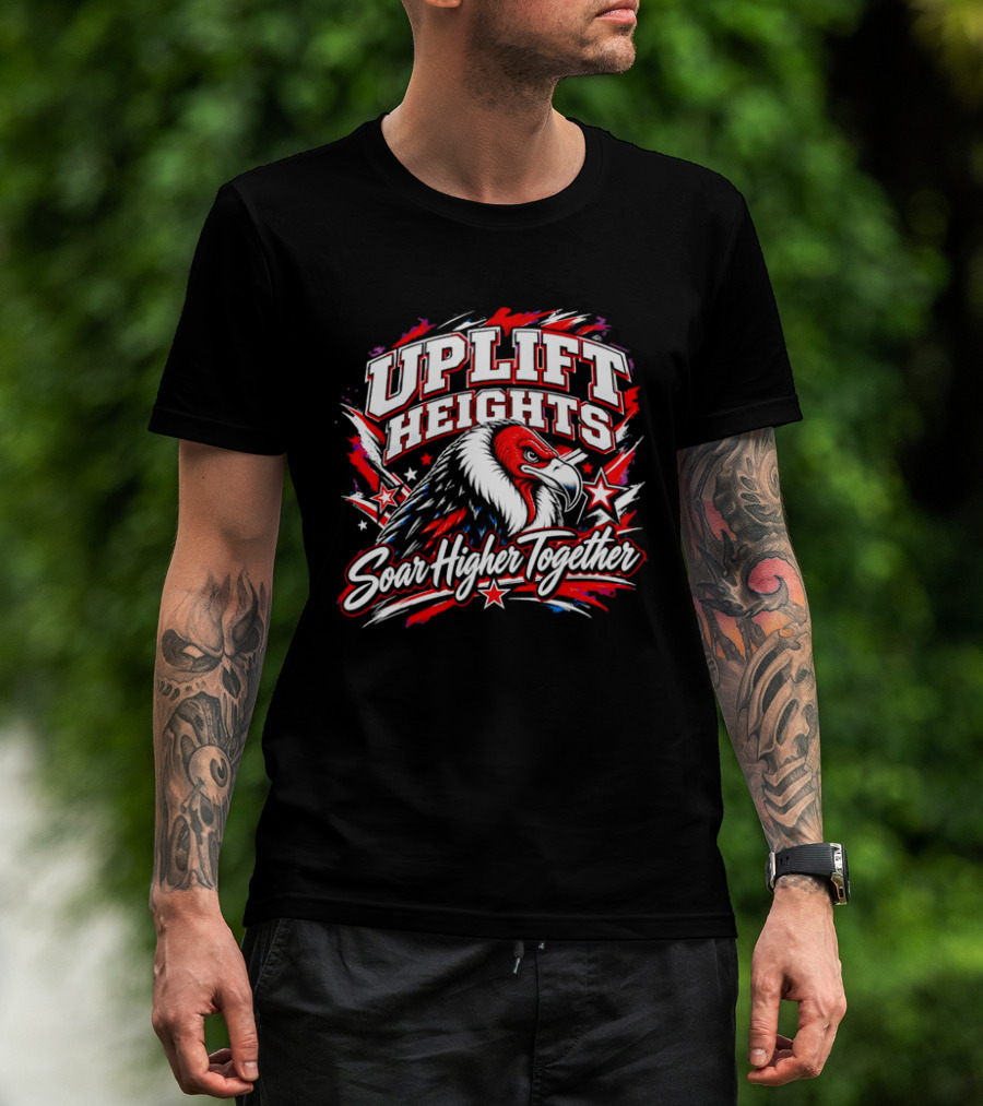 Uplift Heights Soar Higher Together Vulture Head Red Face Stars T-Shirt