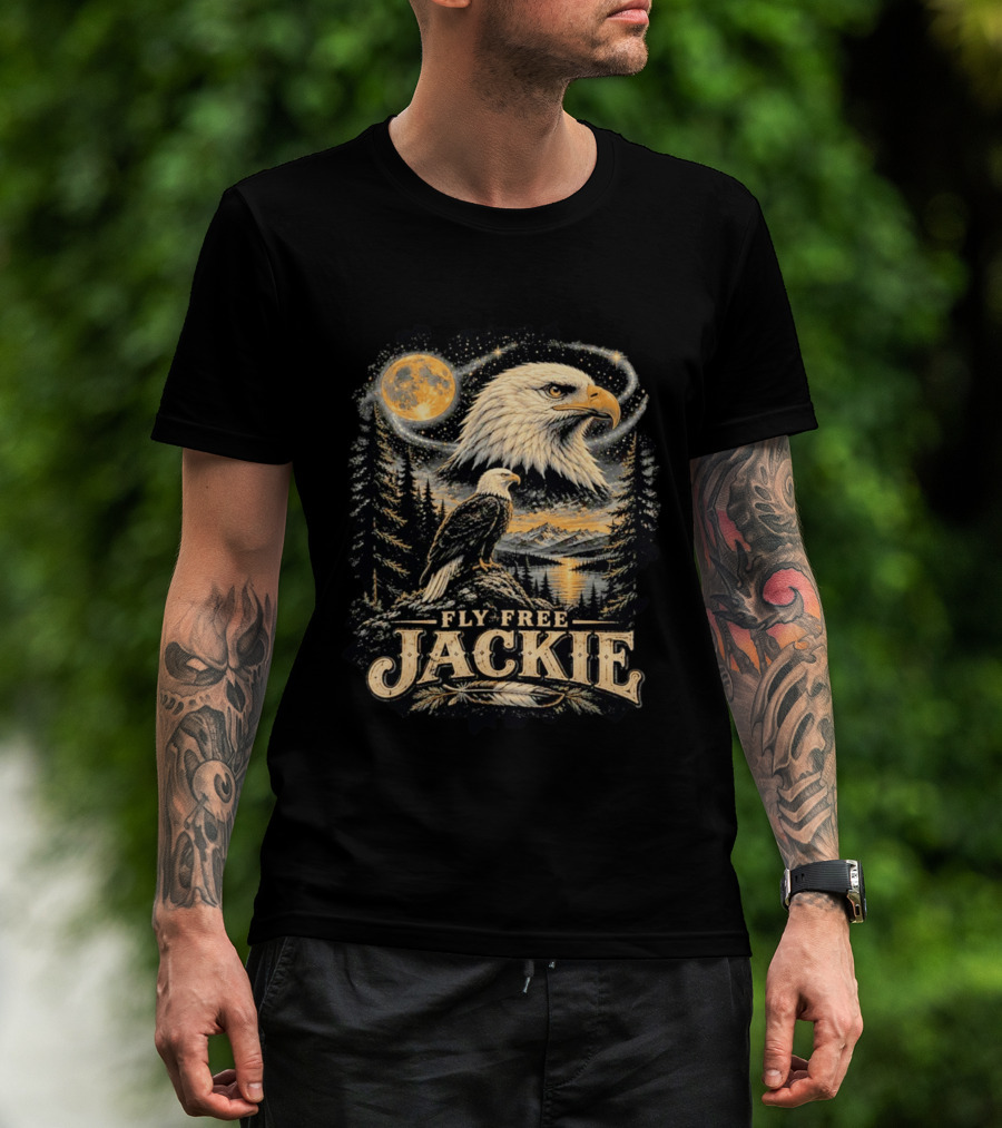 Fly Free Jackie Bald Eagle Scenic Tribute Moonlit Forest Landscape T-Shirt