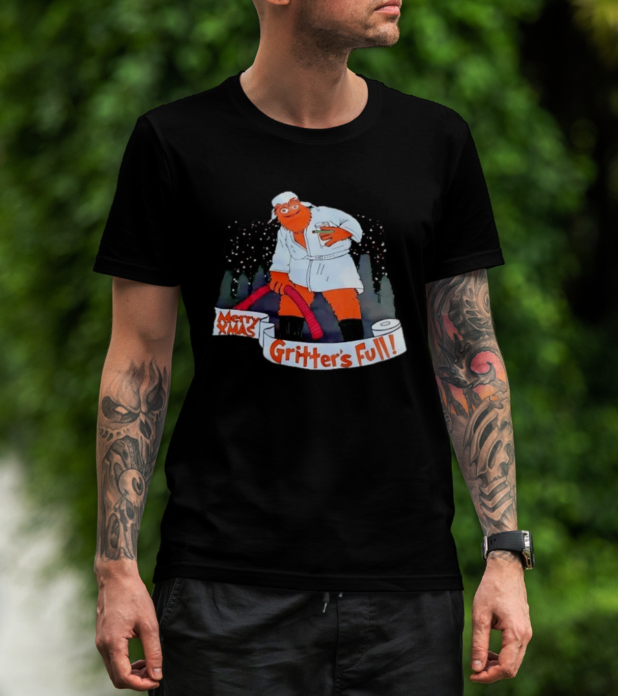 Merry Xmas Gritters Full Cartoon Orange Bathrobe Holding Hose T-Shirt