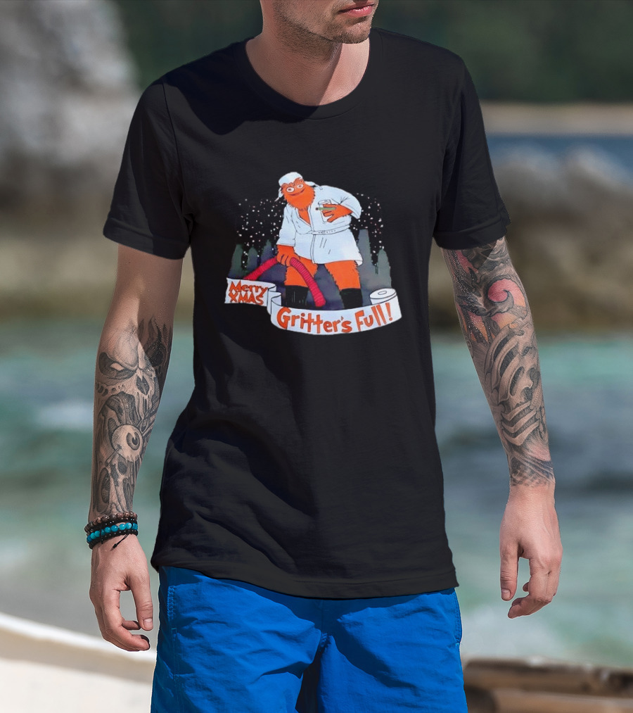 Merry Xmas Gritters Full Cartoon Orange Bathrobe Holding Hose T-Shirt