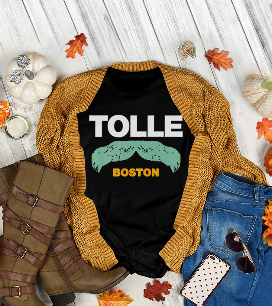 Tolle Boston White And Yellow Distressed Green Mustache T-Shirt