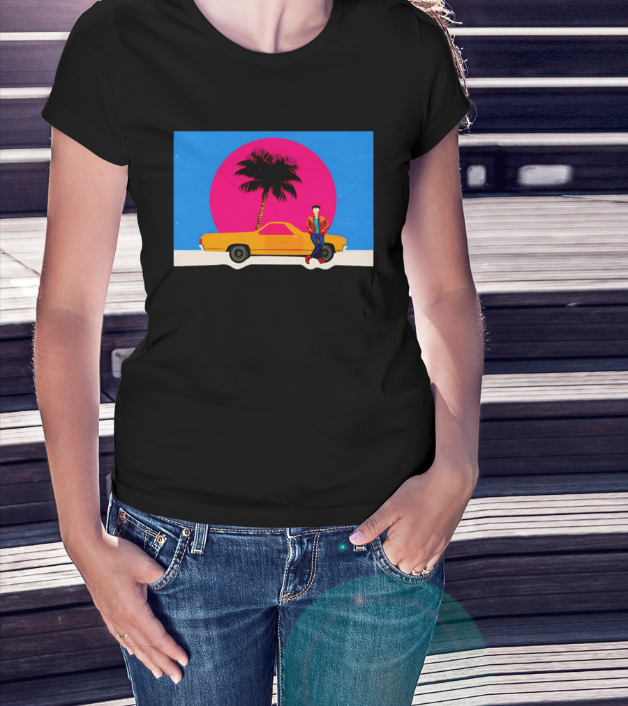Yellow Car Palm Tree Retro Sunset Aesthetic T-Shirt