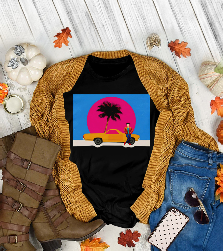Yellow Car Palm Tree Retro Sunset Aesthetic T-Shirt