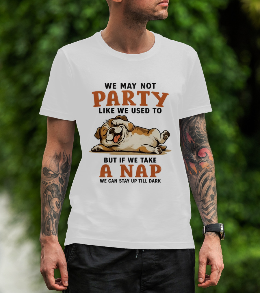 We May Not Party Like We Used To But If We Take A Nap We Can Stay Up Till Dark Cartoon Bulldog Lying Down T-Shirt