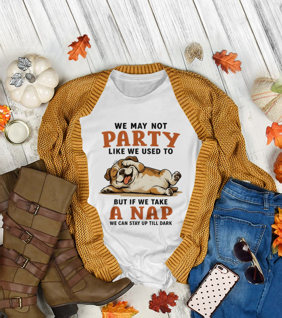We May Not Party Like We Used To But If We Take A Nap We Can Stay Up Till Dark Cartoon Bulldog Lying Down T-Shirt