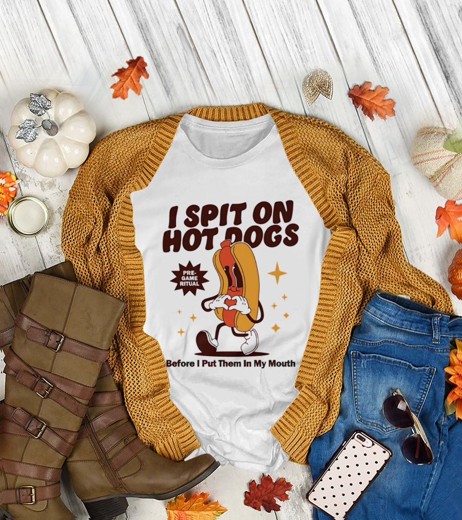 I Spit On Hot Dogs Cartoon Sausage Heart Hands Pre Game Ritual Before I Put Them In My Mouth T-Shirt
