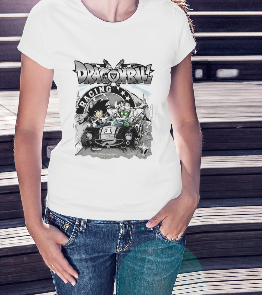 Las Vegas Raiders Dragon Ball Racing Goku Piccolo Driving Black Car Cartoon Raiders NFL T-Shirt