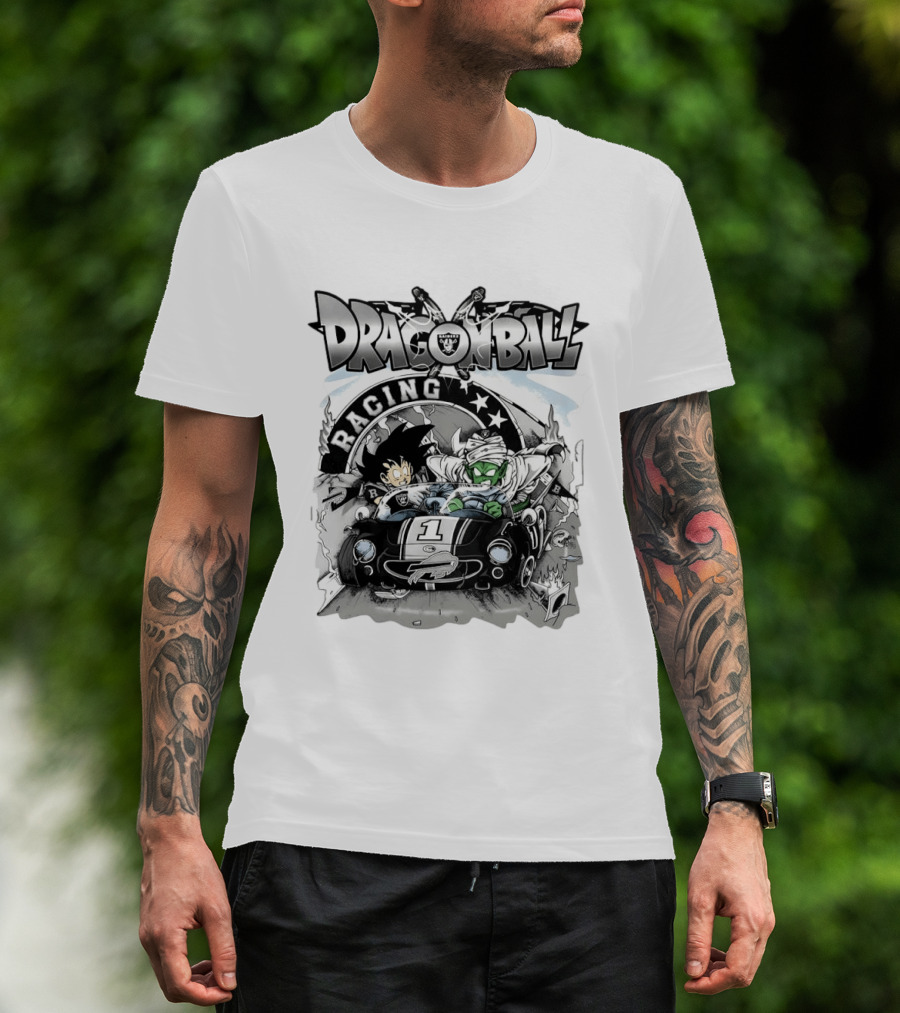 Las Vegas Raiders Dragon Ball Racing Goku Piccolo Driving Black Car Cartoon Raiders NFL T-Shirt