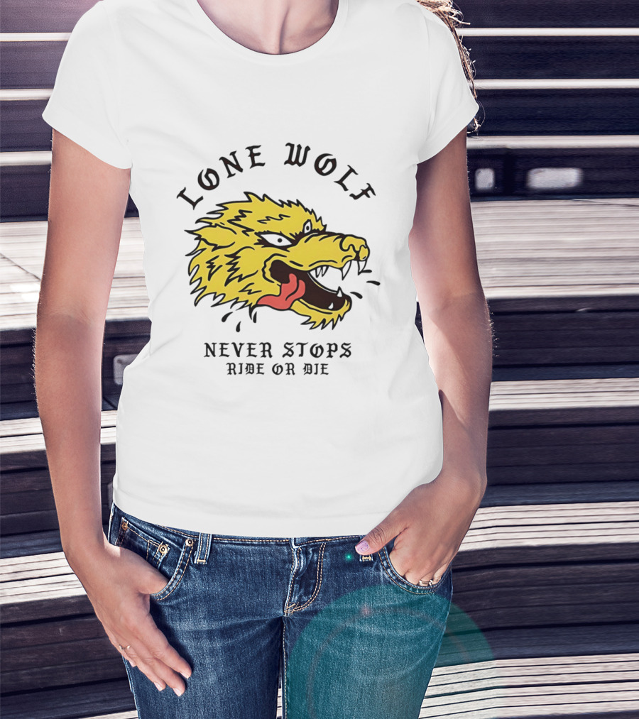 Lone Wolf Never Stops Ride Or Die Fierce Yellow Wolf Head T-Shirt