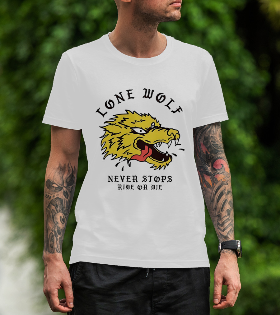 Lone Wolf Never Stops Ride Or Die Fierce Yellow Wolf Head T-Shirt