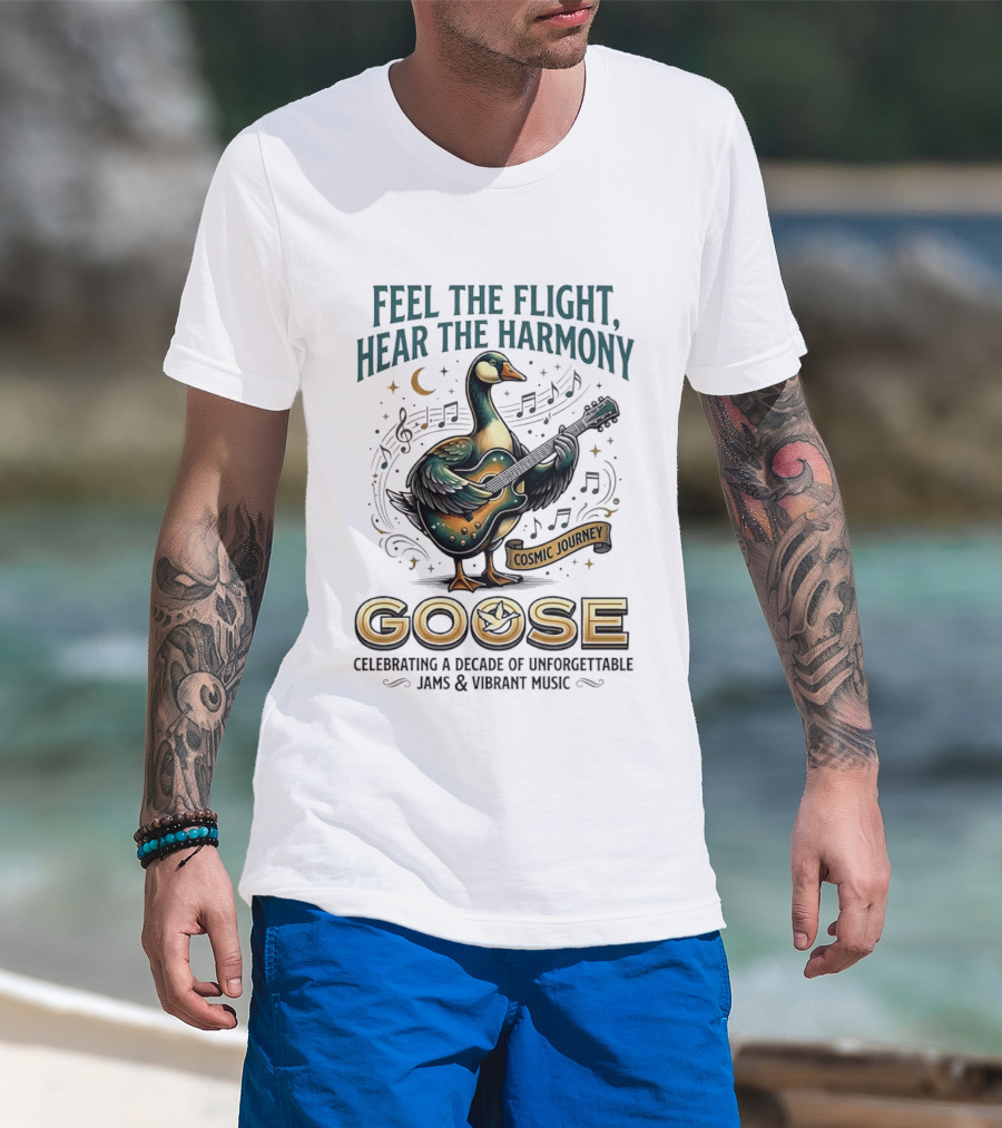 Goose Feel The Flight Hear The Harmony Cosmic Journey Celebrating A Decade Of Unforgettable Jams And Vibrant Music Moon Guitar Notes T-Shirt