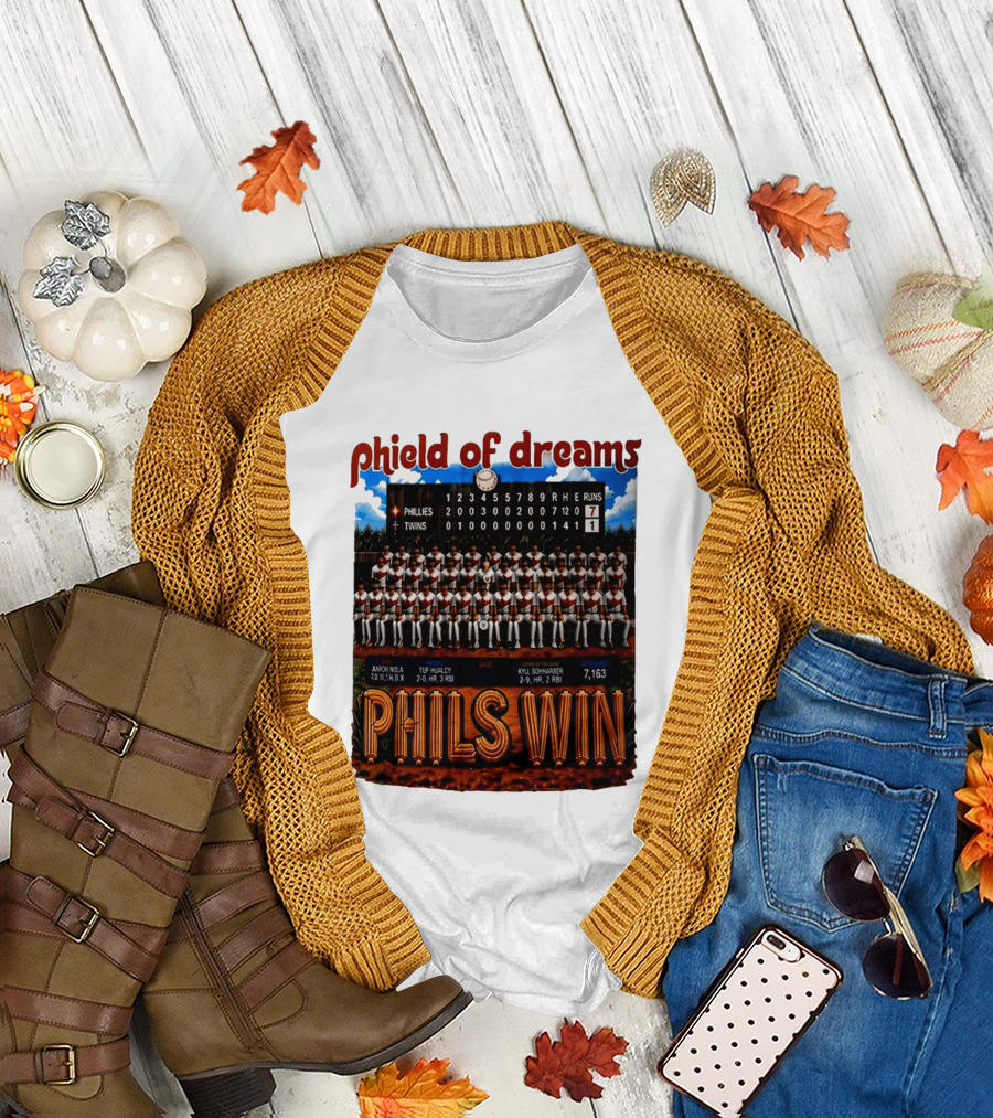 Philadelphia Phillies Phield Of Dreams Phils Win Twins Scoreboard Aaron Nola Tuf Hualcy Kyle Sohnharser 7163 Attendance T-Shirt