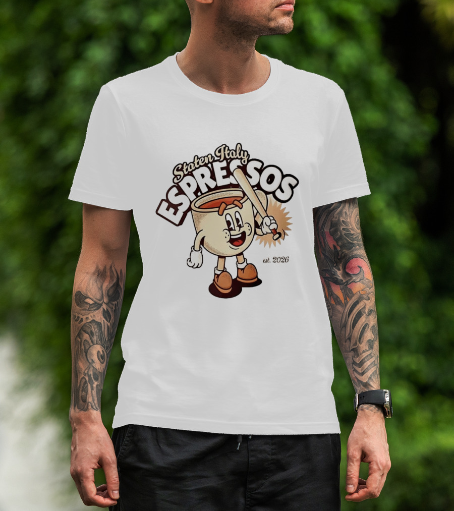 Staten Italy Espressos Est 2026 Cartoon Coffee Cup With Baseball Bat T-Shirt