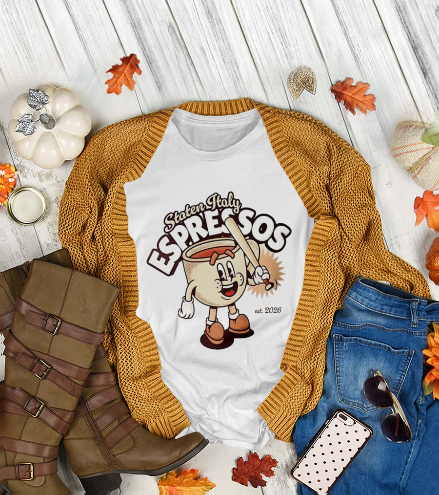 Staten Italy Espressos Est 2026 Cartoon Coffee Cup With Baseball Bat T-Shirt