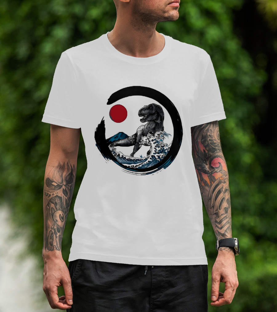 Tyrannosaurus Rex Riding Great Wave With Mount Fuji Enso And Red Sun T-Shirt