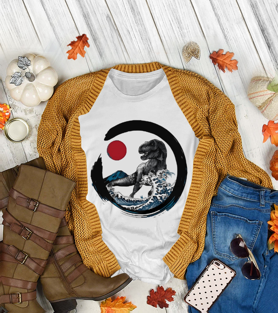 Tyrannosaurus Rex Riding Great Wave With Mount Fuji Enso And Red Sun T-Shirt