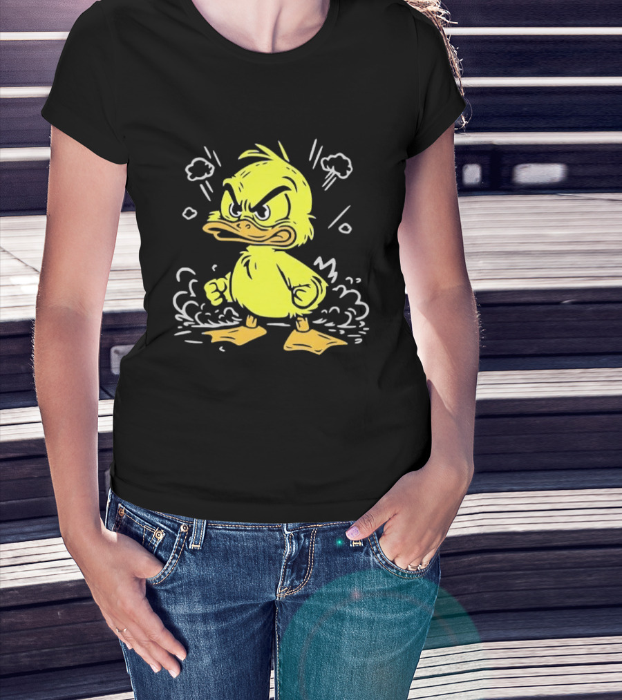 Angry Yellow Duckling Clenched Fists Smoke Clouds Cartoon Line T-Shirt