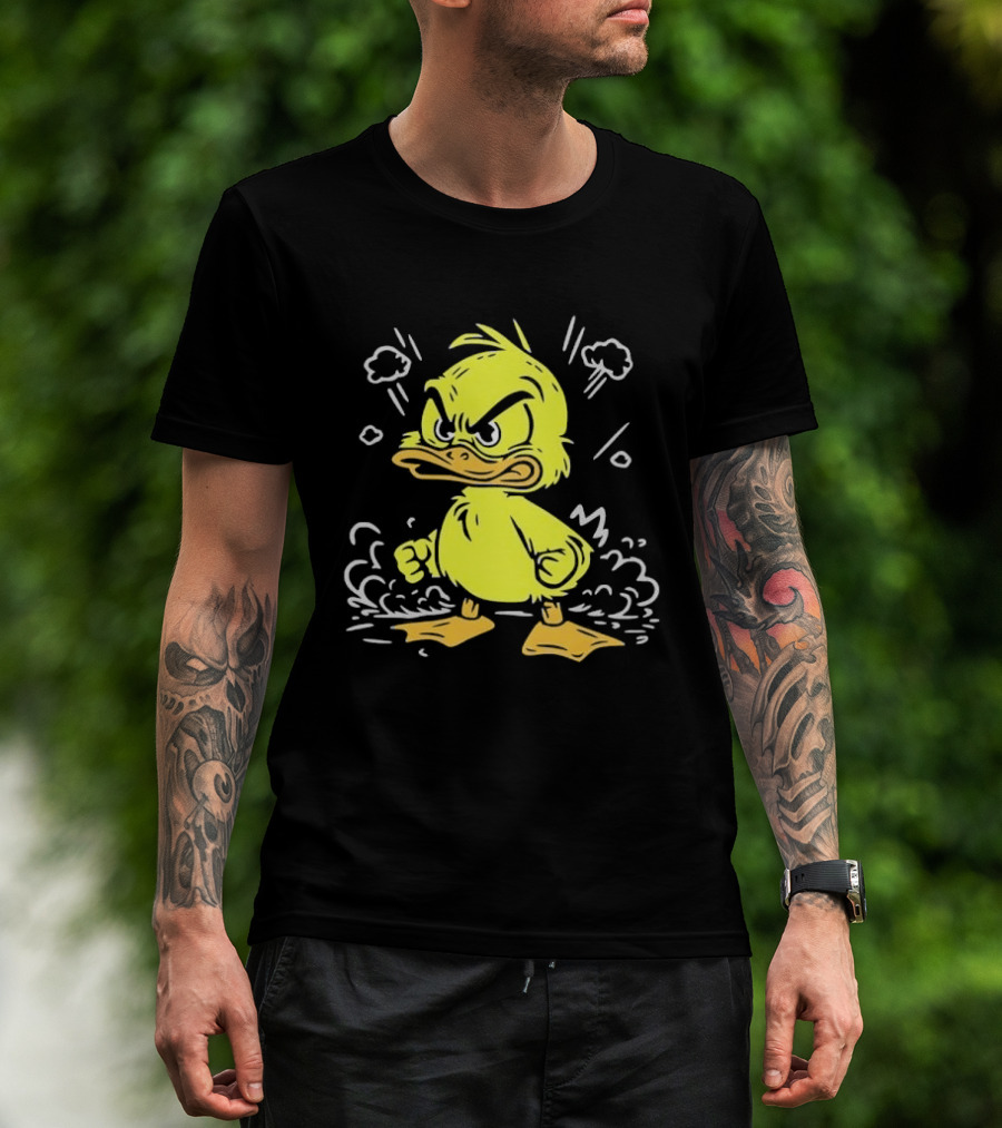 Angry Yellow Duckling Clenched Fists Smoke Clouds Cartoon Line T-Shirt