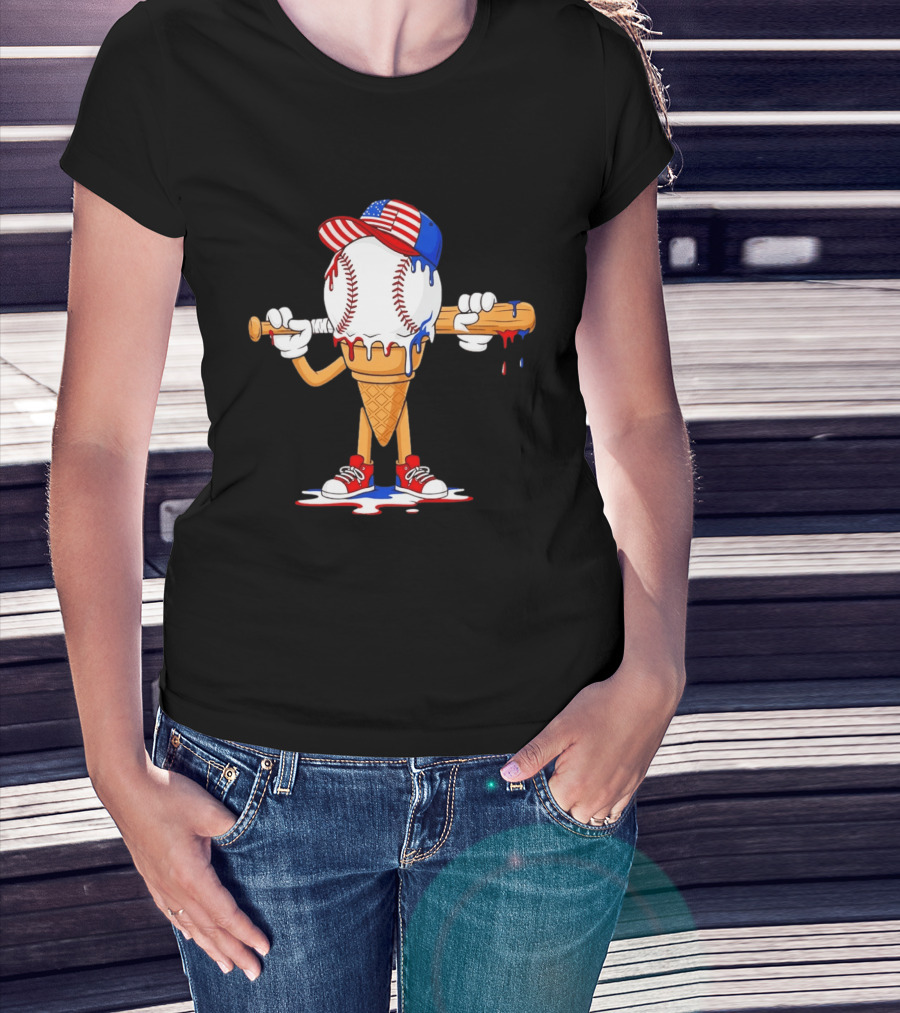 Patriotic Ice Cream Baseball Cone USA Flag Cap And Bat T-Shirt