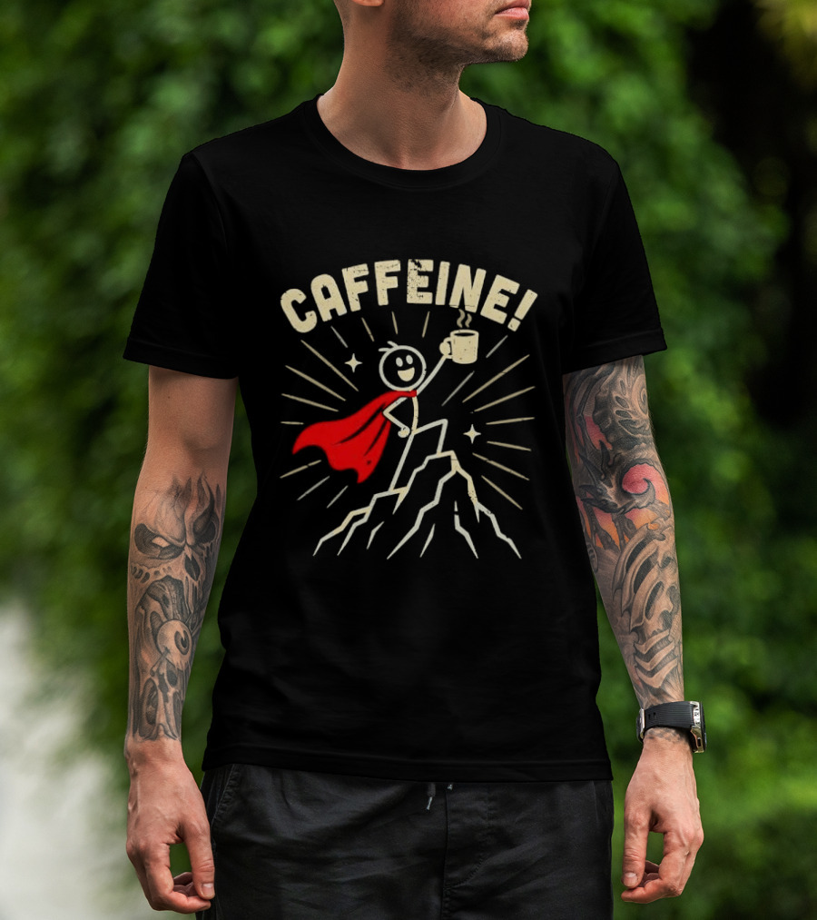 Caffeine Distressed Stick Figure Superhero Holding Coffee On Mountain Peak T-Shirt