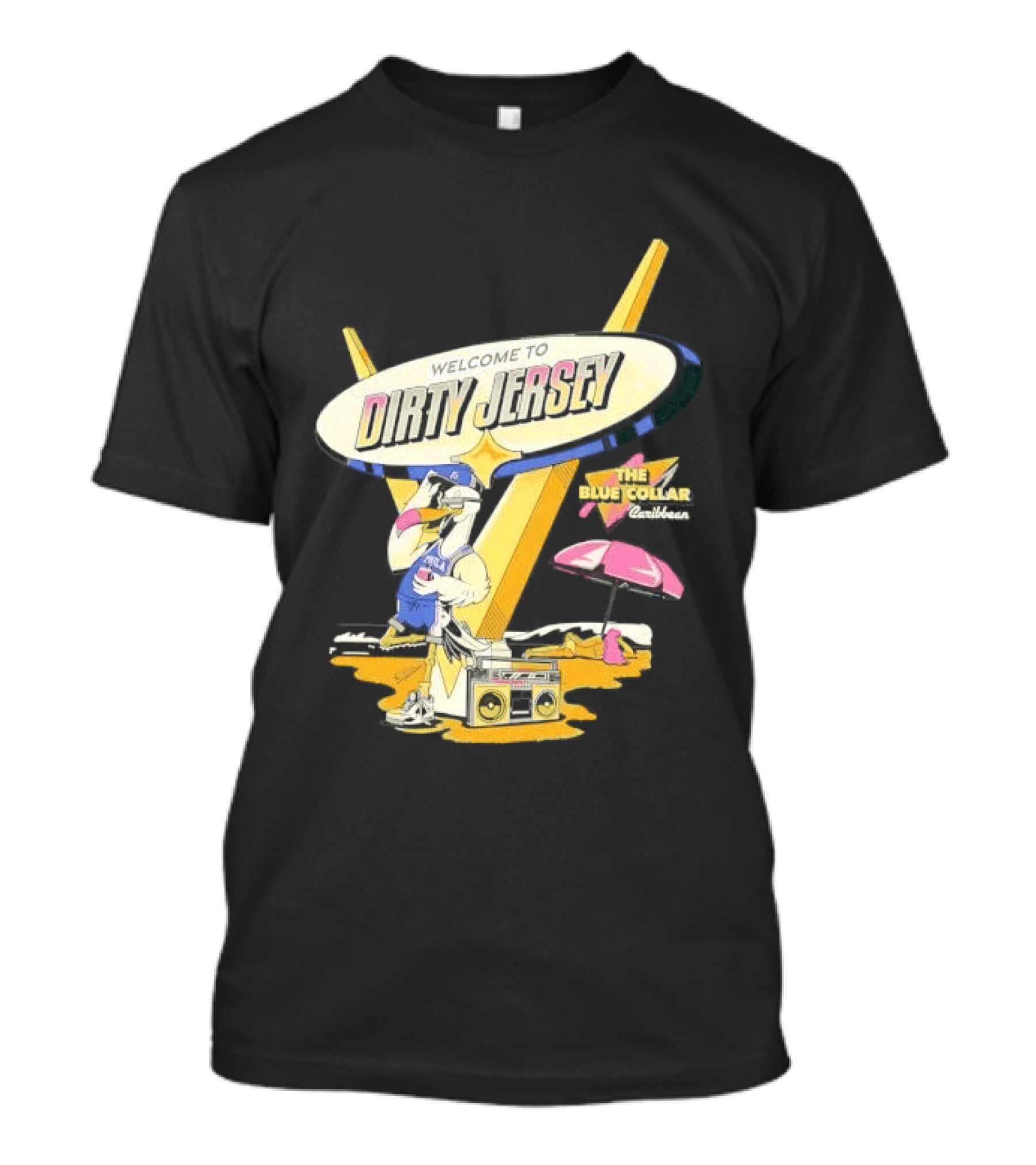 Philadelphia 76ers Welcome To Dirty Jersey Blue Collar Caribbean Cartoon Seagull Beach Boombox T-Shirt