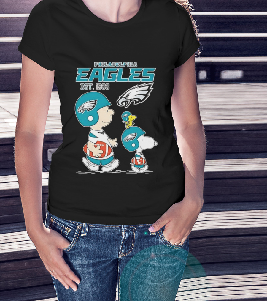 Philadelphia Eagles Est 1933 Cartoon Boy Dog Helmets Footballs T-Shirt