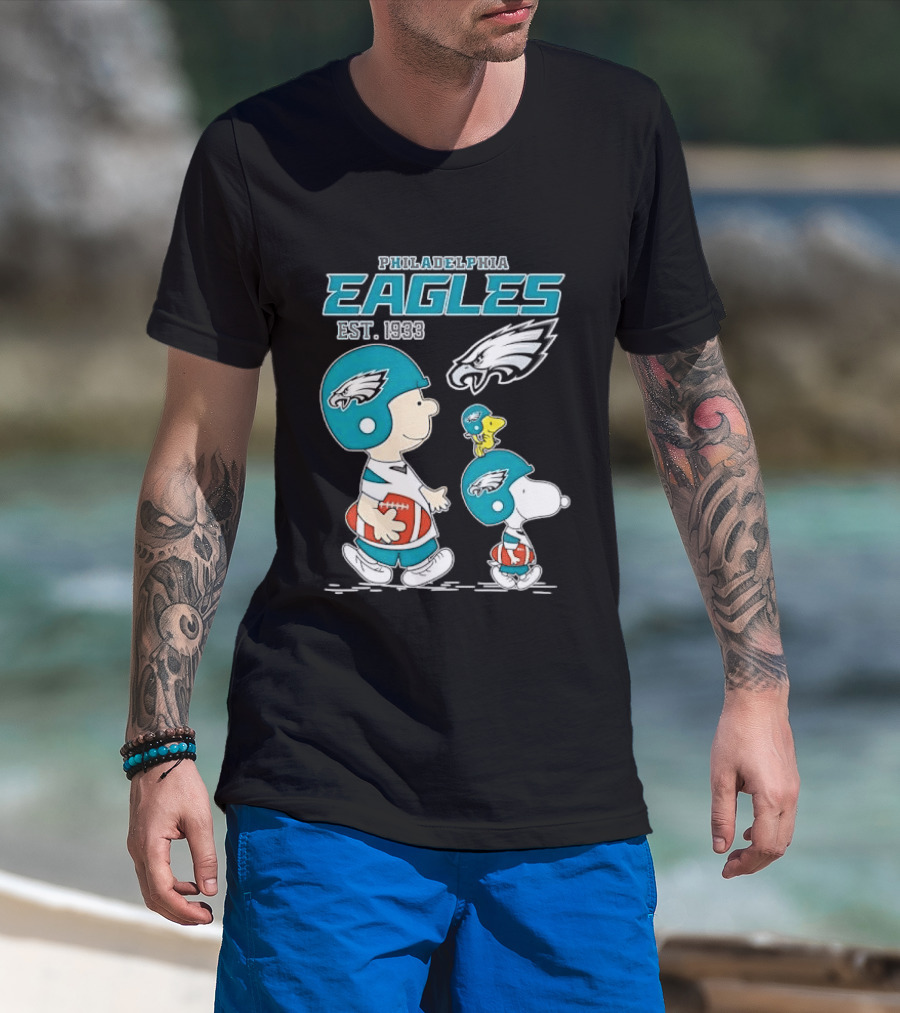 Philadelphia Eagles Est 1933 Cartoon Boy Dog Helmets Footballs T-Shirt