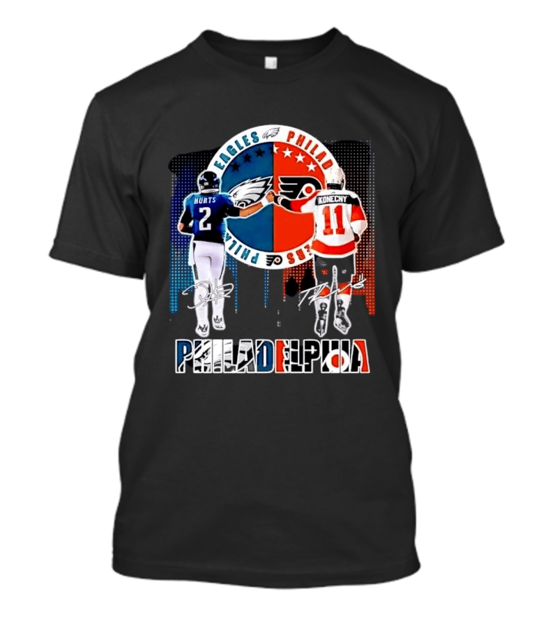 Philadelphia Eagles Flyers Hurts Konecny Fist Bump Split Crest Skyline T-Shirt