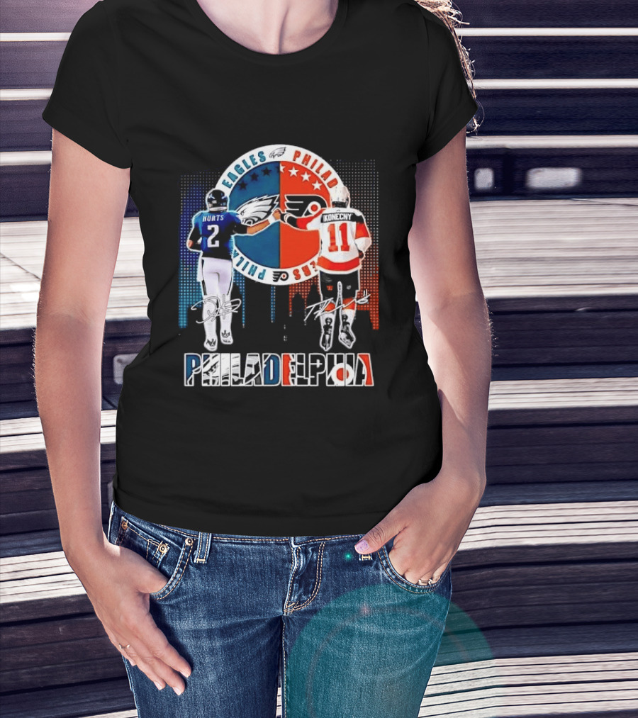 Philadelphia Eagles Flyers Hurts Konecny Fist Bump Split Crest Skyline T-Shirt