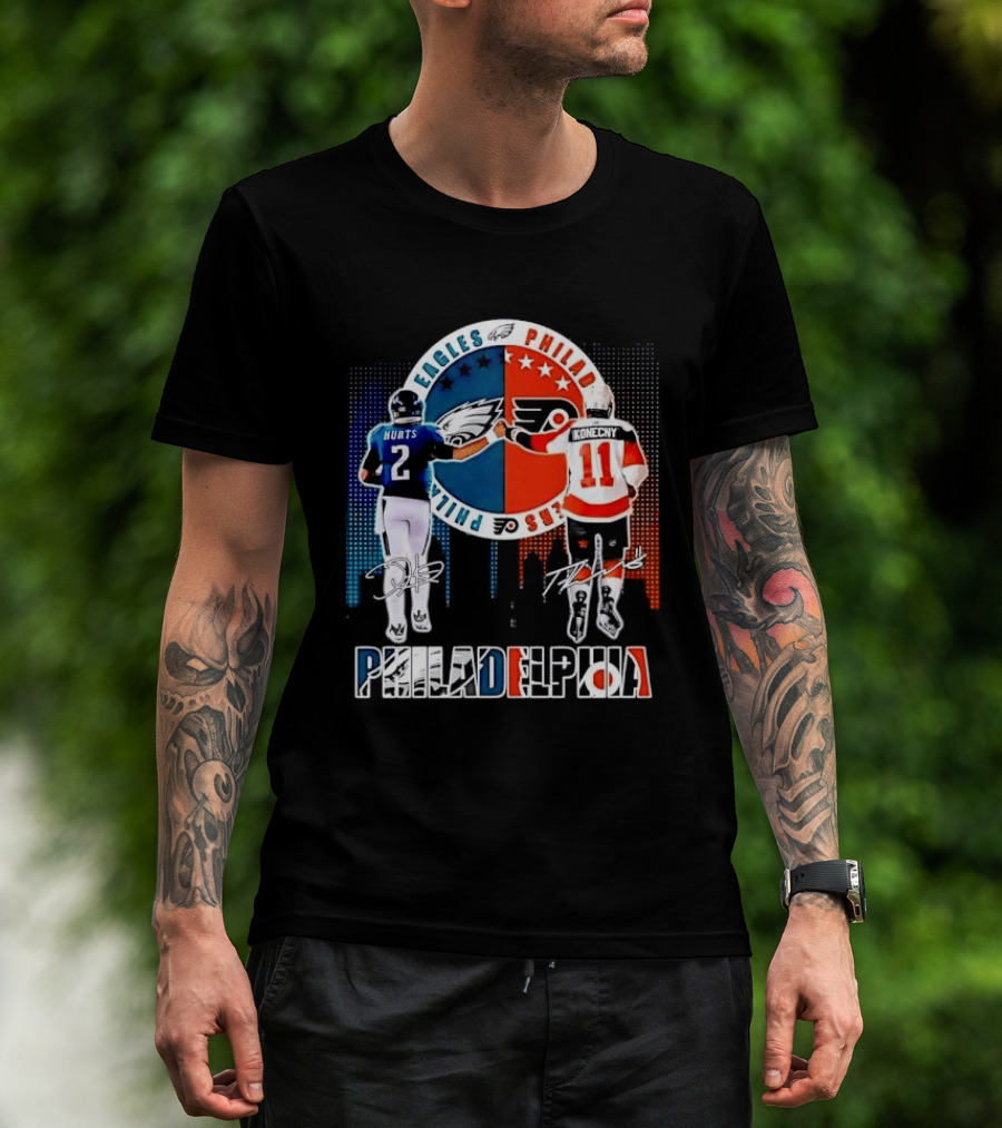 Philadelphia Eagles Flyers Hurts Konecny Fist Bump Split Crest Skyline T-Shirt