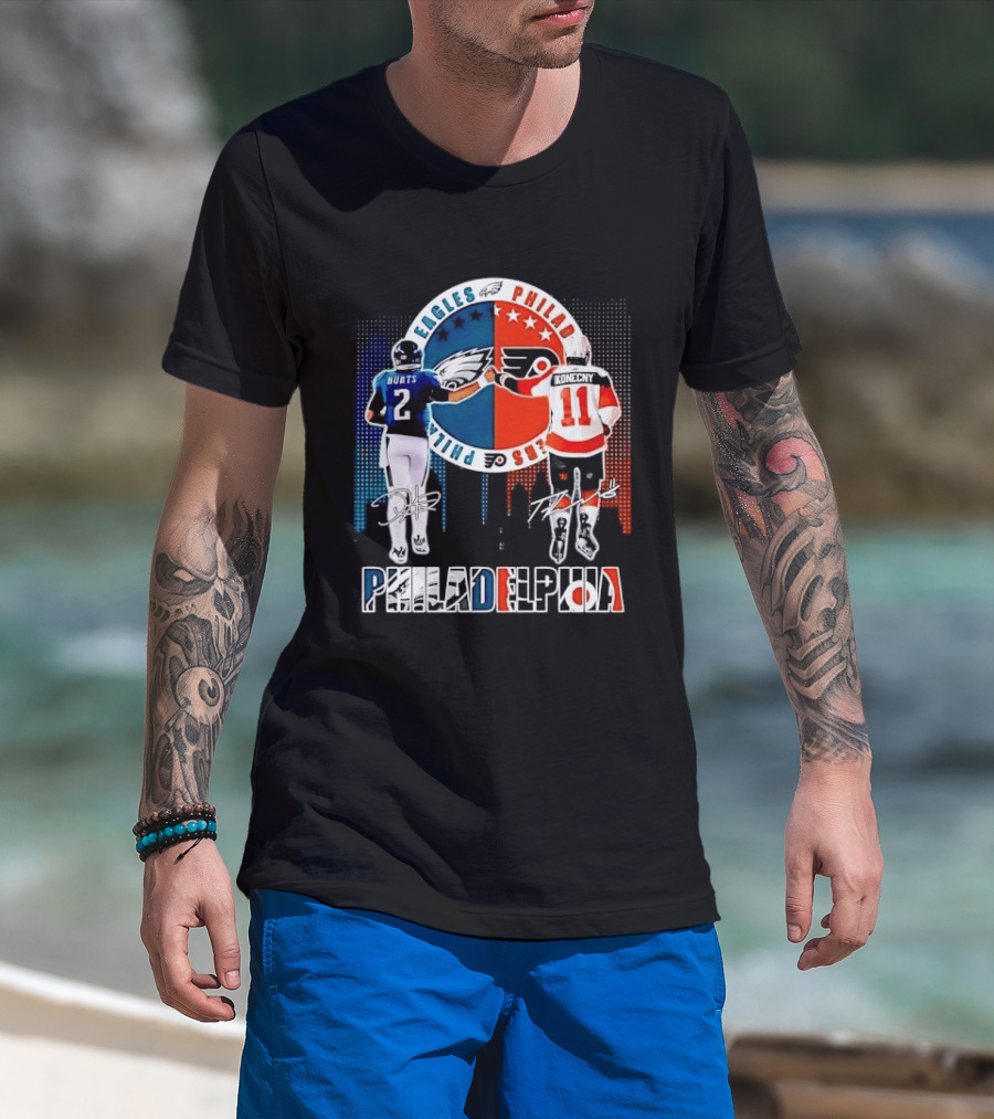 Philadelphia Eagles Flyers Hurts Konecny Fist Bump Split Crest Skyline T-Shirt