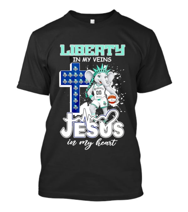 Liberty In My Veins Jesus In My Heart New York Liberty Elephant Basketball Cross T-Shirt