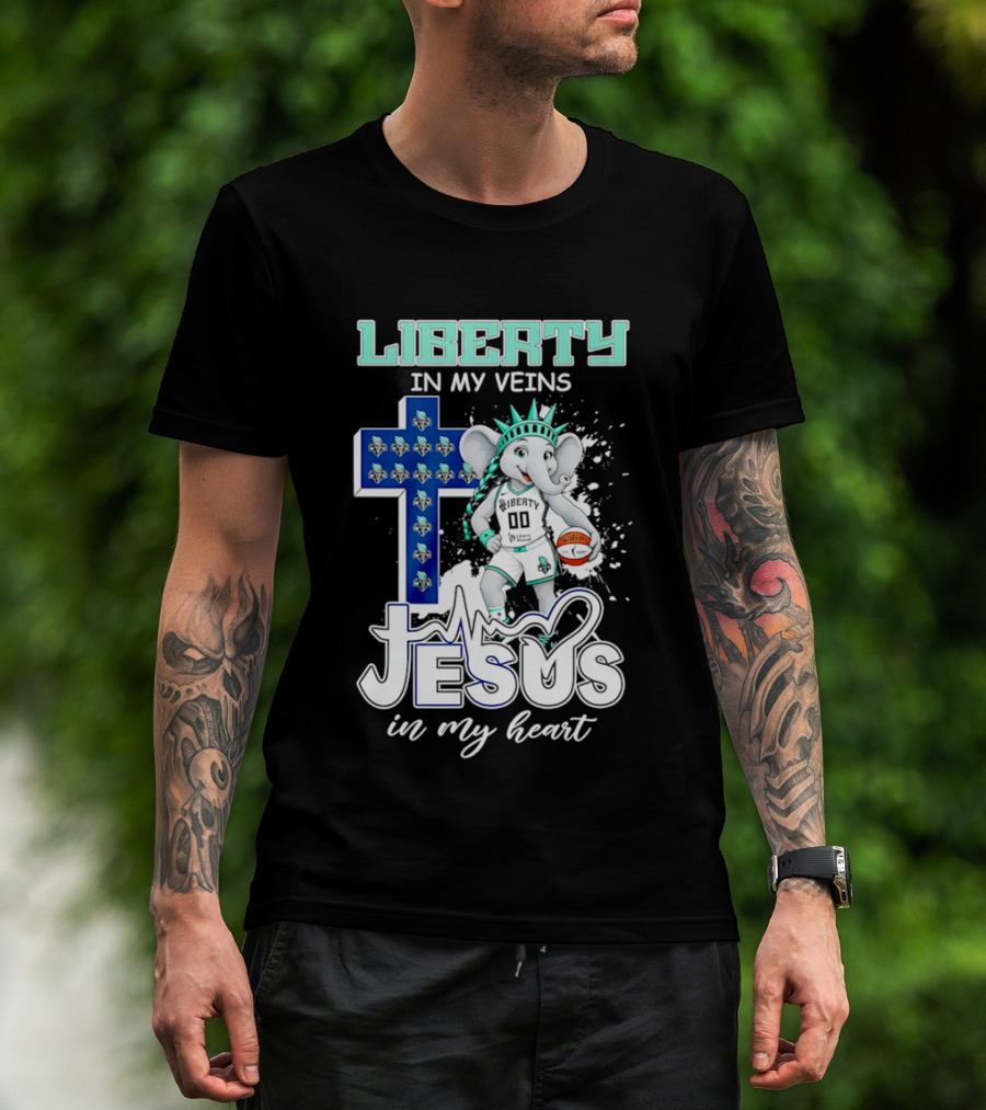 Liberty In My Veins Jesus In My Heart New York Liberty Elephant Basketball Cross T-Shirt