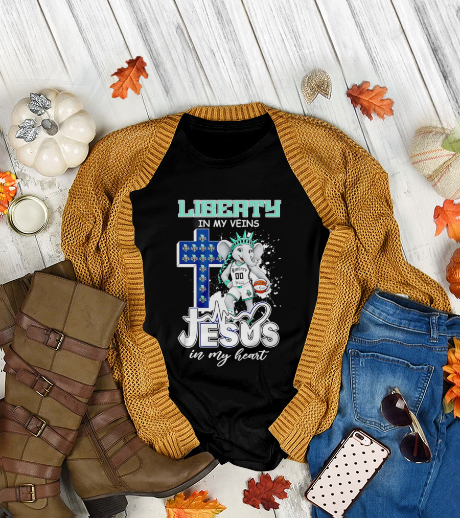 Liberty In My Veins Jesus In My Heart New York Liberty Elephant Basketball Cross T-Shirt