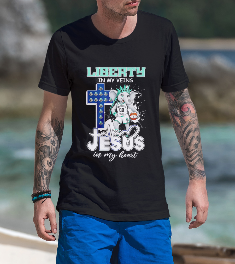Liberty In My Veins Jesus In My Heart New York Liberty Elephant Basketball Cross T-Shirt