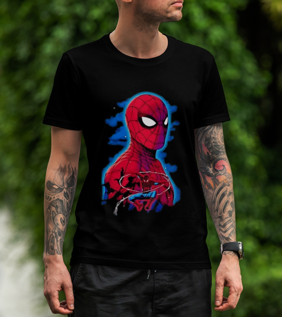 Marvel Spider Man Bust Crouching Web Action Silhouette Clouds T-Shirt