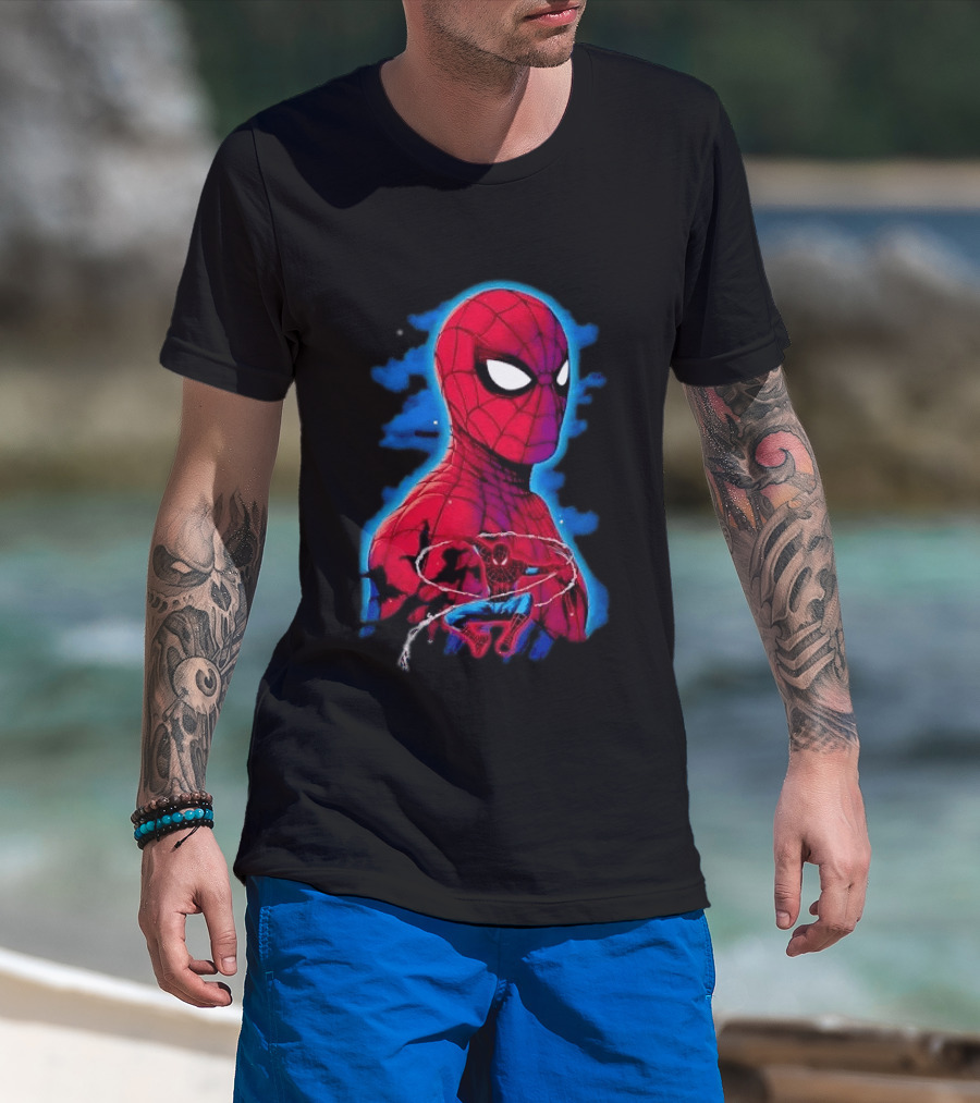 Marvel Spider Man Bust Crouching Web Action Silhouette Clouds T-Shirt