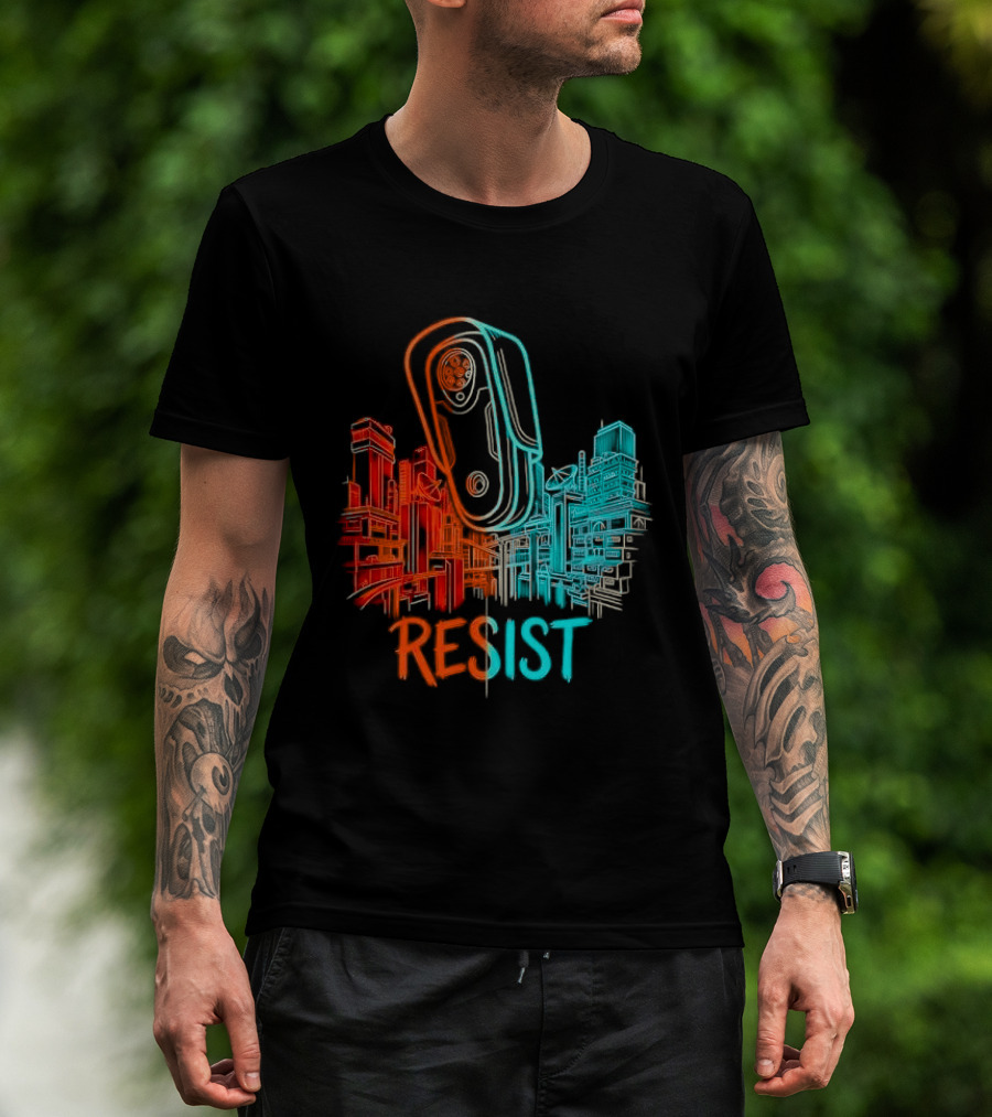 Resist Surveillance Neon City Skyline Security Camera T-Shirt