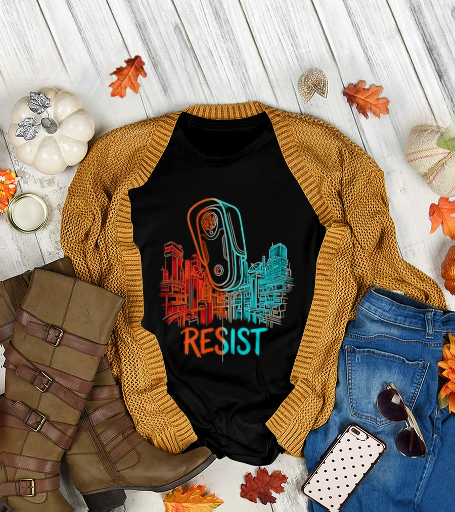 Resist Surveillance Neon City Skyline Security Camera T-Shirt