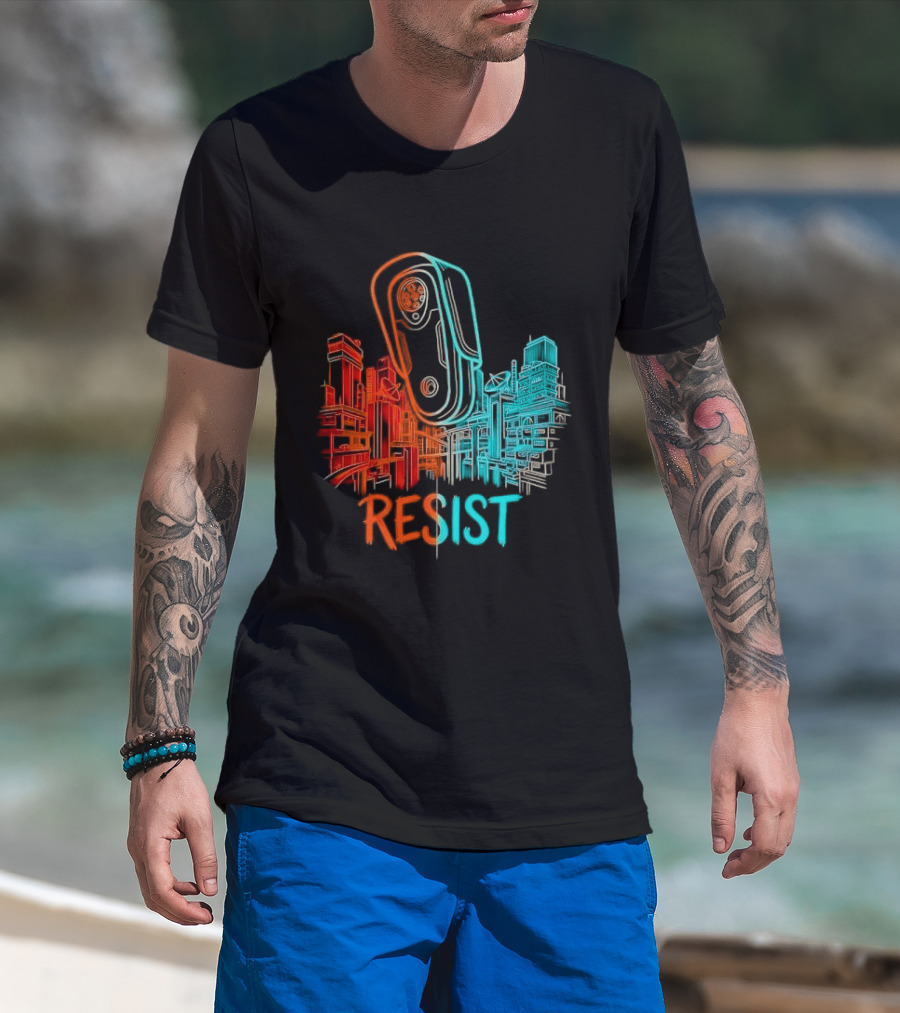 Resist Surveillance Neon City Skyline Security Camera T-Shirt