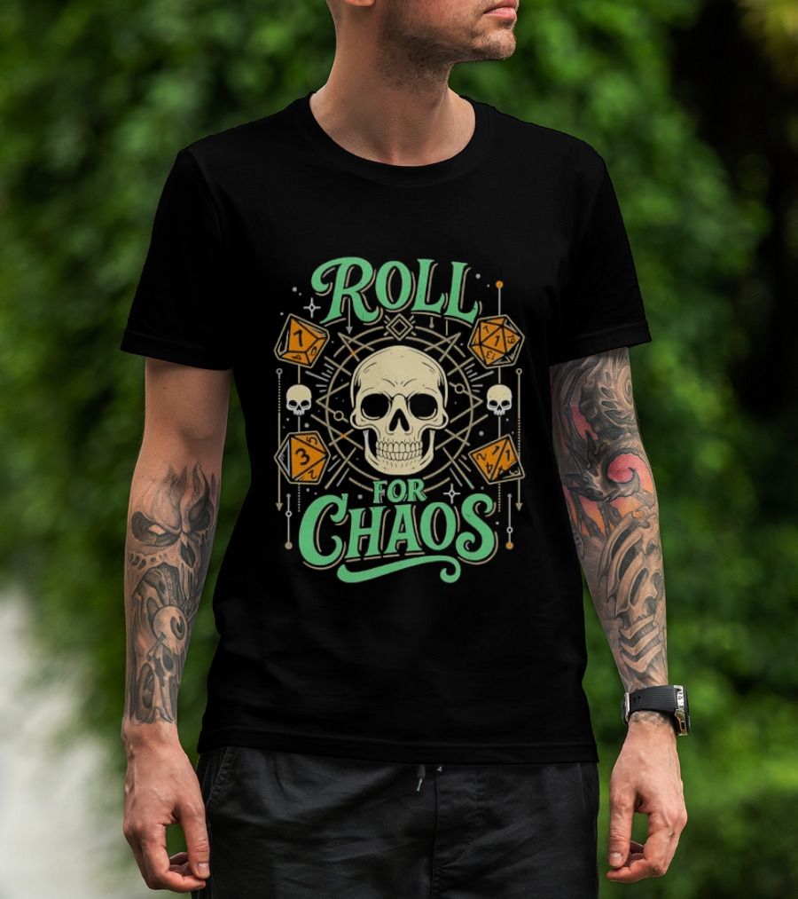 Roll For Chaos Skull RPG Dice Geometric Polyhedral Line T-Shirt