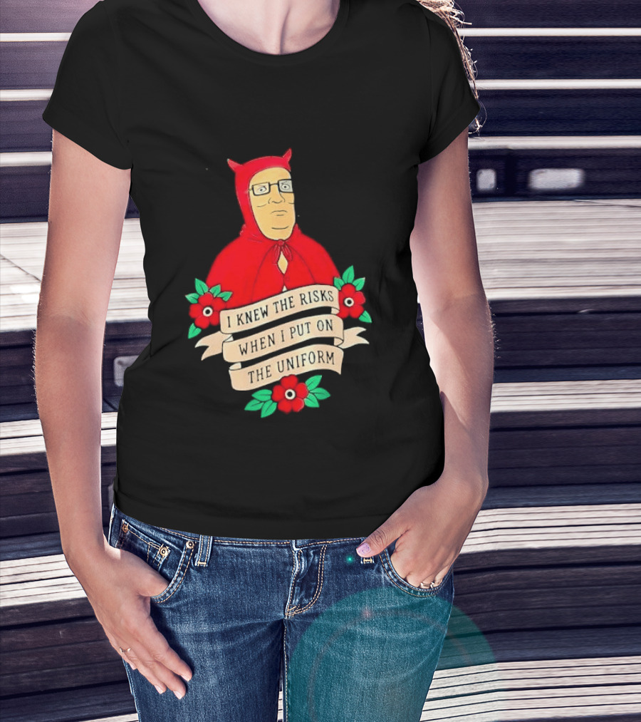 Hank Hill Red Devil Costume I Knew The Risks When Put On Uniform Tattoo Roses Cartoon T-Shirt