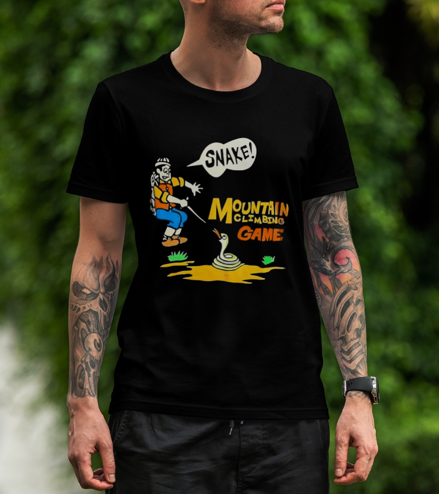 Snake Mountain Climbing Game Startled Climber Coiled Serpent Cartoon T-Shirt