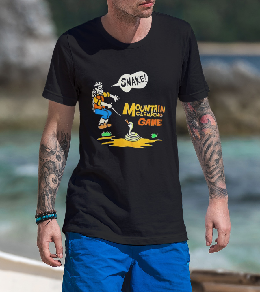 Snake Mountain Climbing Game Startled Climber Coiled Serpent Cartoon T-Shirt