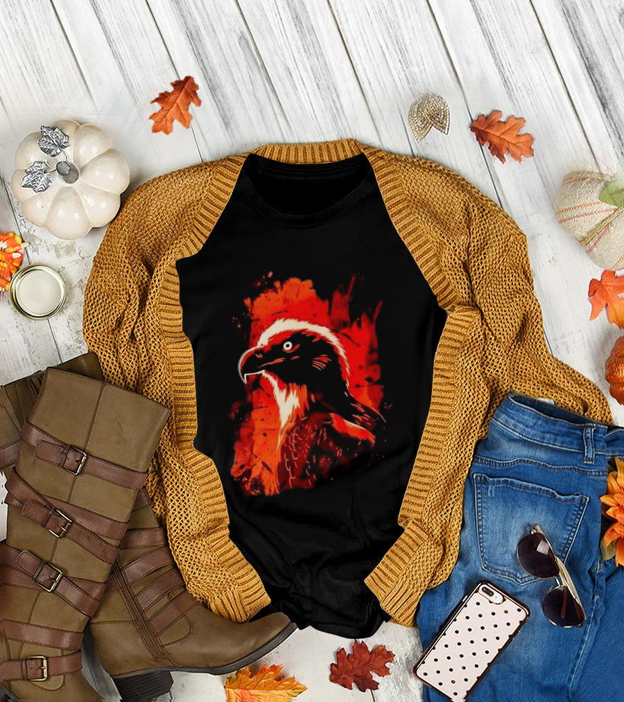 Stylized Bearded Vulture Head Fiery Orange Watercolor Art Bird Wildlife T-Shirt