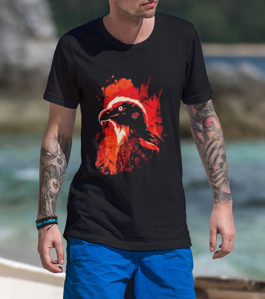 Stylized Bearded Vulture Head Fiery Orange Watercolor Art Bird Wildlife T-Shirt