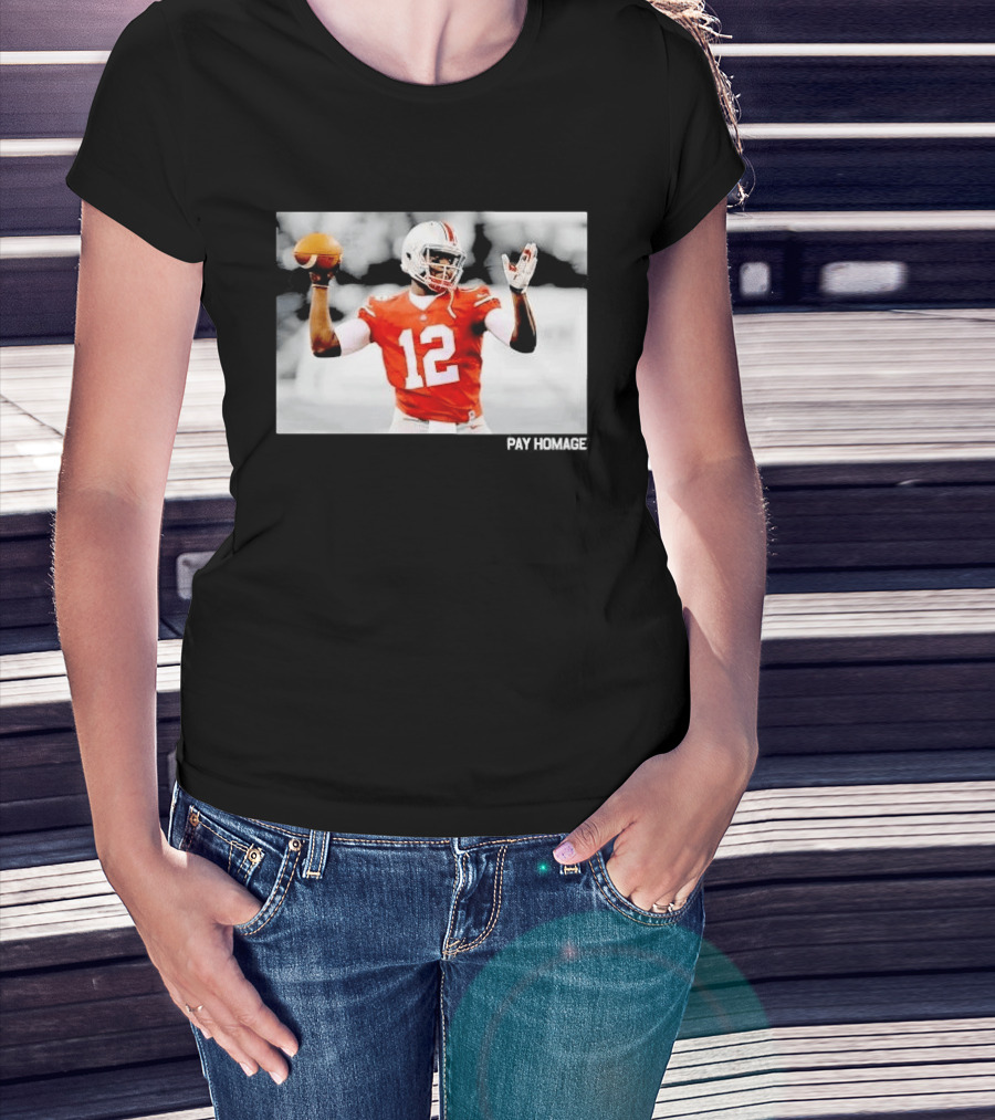 Ohio State Buckeyes Quarterback Number 12 Throwing Football Selective Color Pay Homage T-Shirt